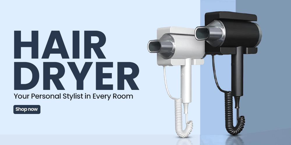 Wall-mounted Roomwell hair dryer above hotel vanity for safe convenient styling